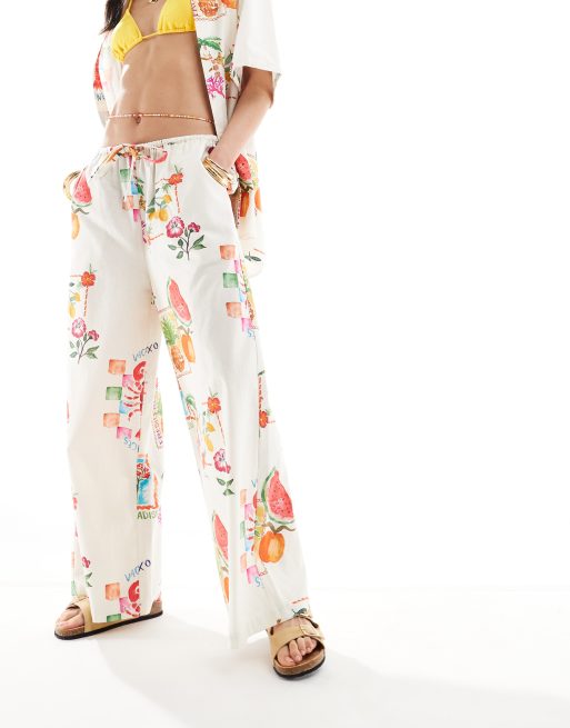 ASOS DESIGN wide leg pants with linen in postcard print - part of a set, 5 of 5