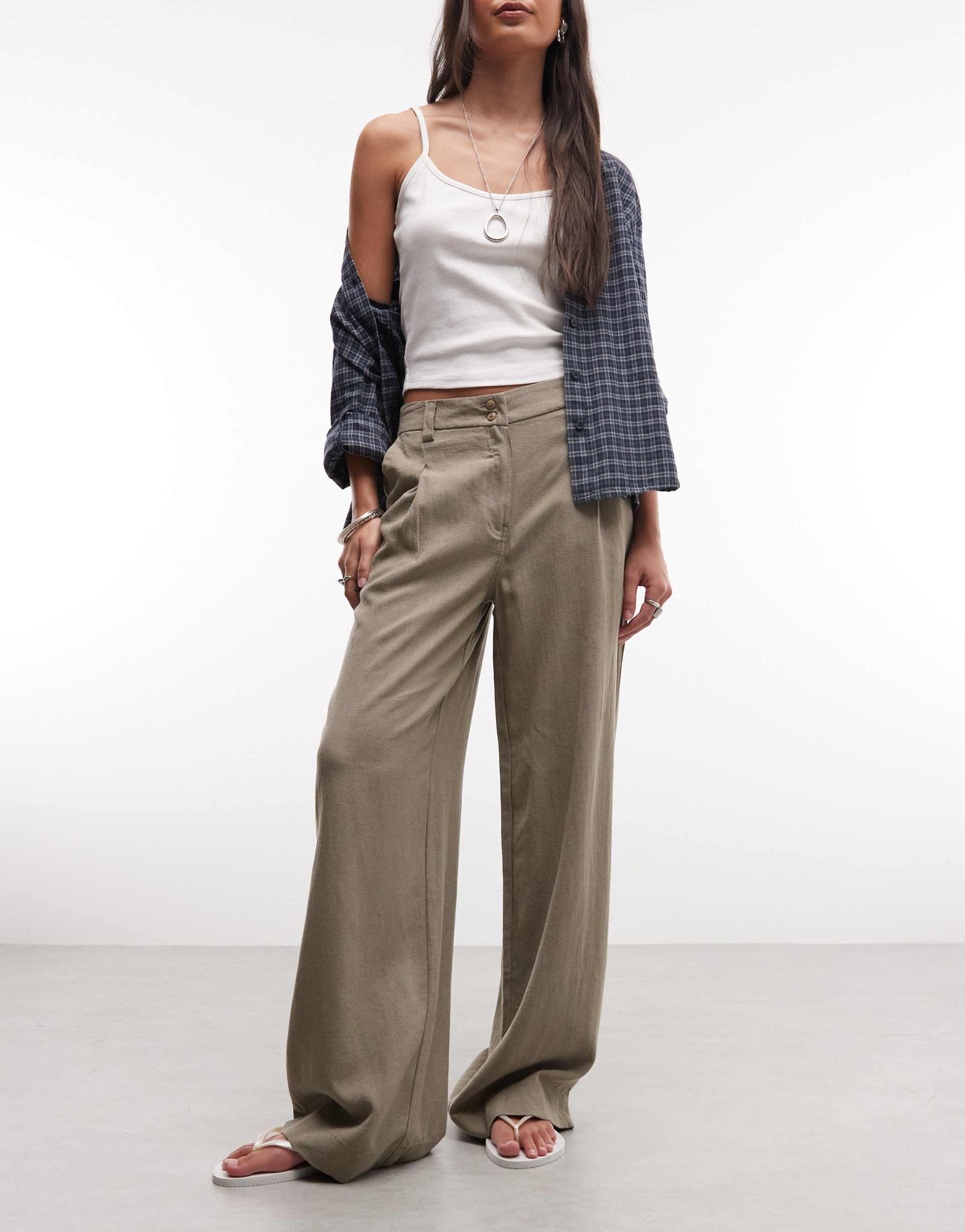 asos design wide leg pants with pleat detail in linen blend in khaki