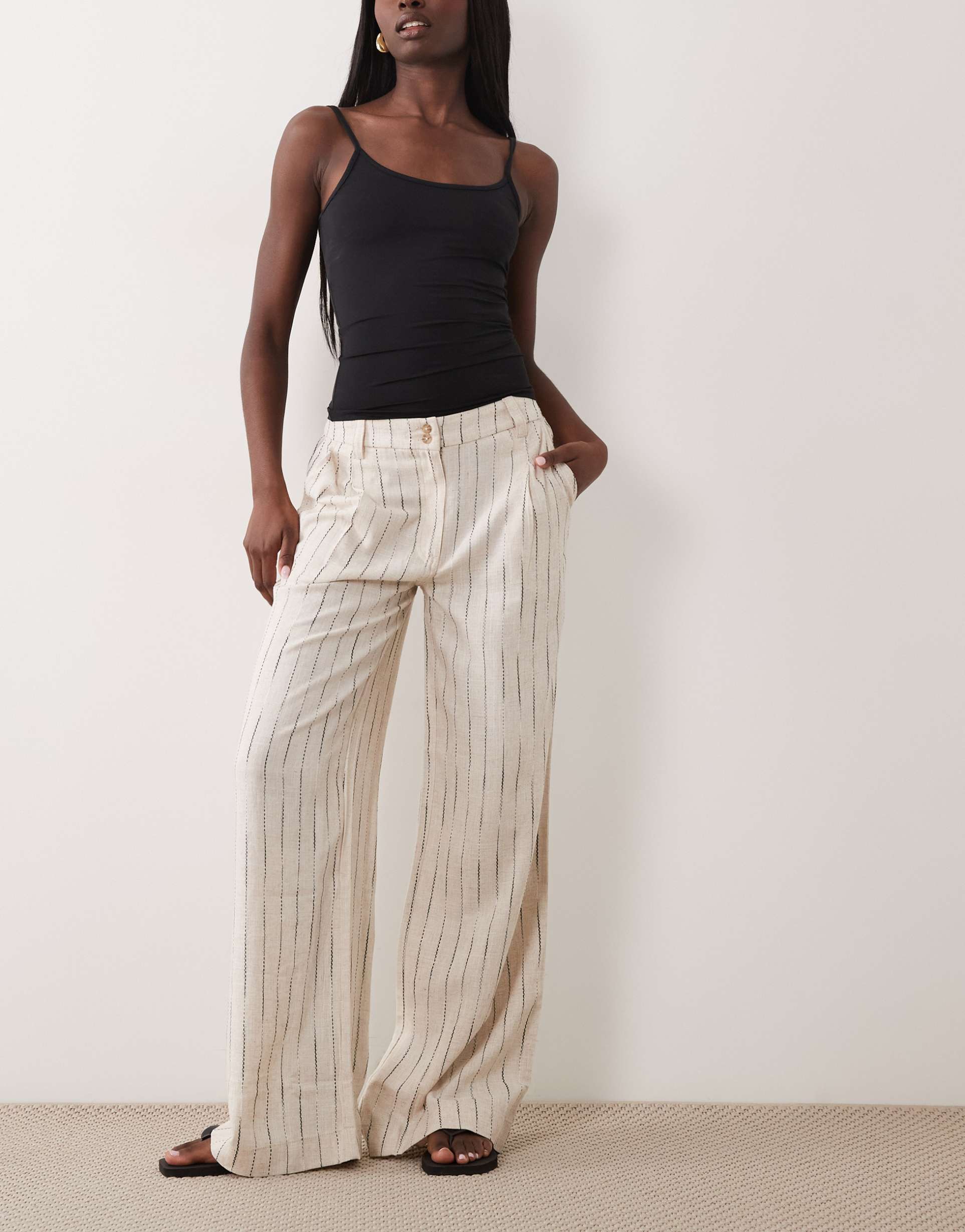 asos design wide leg pants with pleat detail in linen blend in natural squiggle