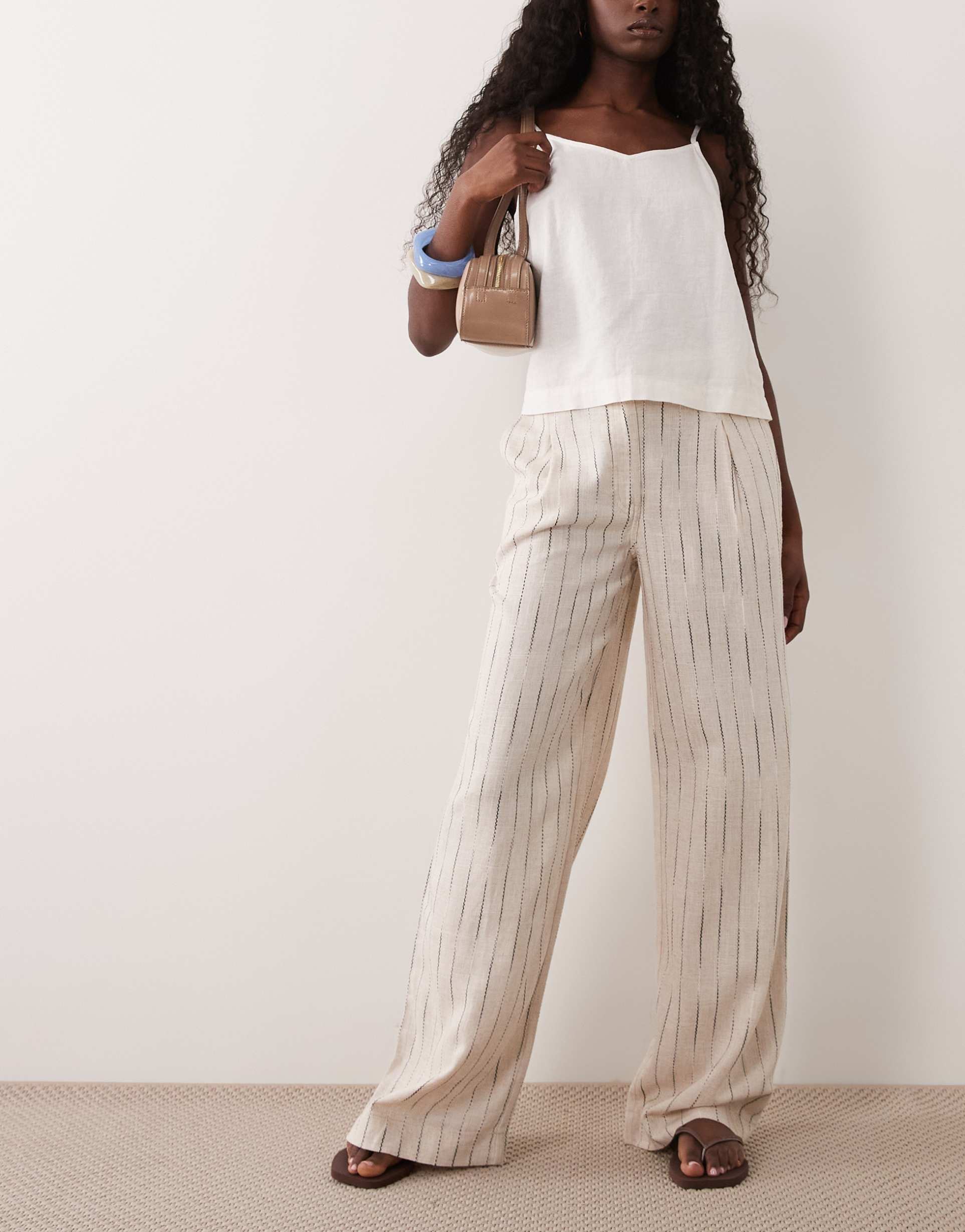 asos design wide leg pants with pleat detail in linen blend in natural stripes