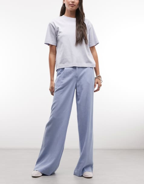 ASOS DESIGN wide leg pants with pleat detail in linen look in blue - view 1