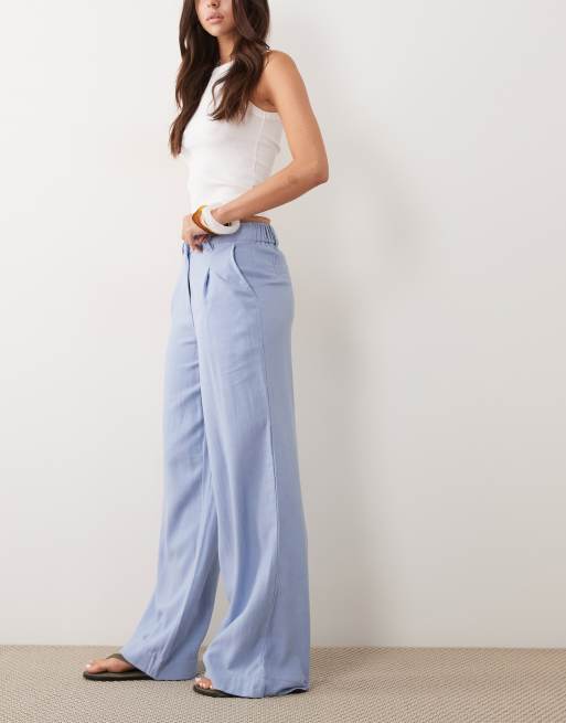 ASOS DESIGN wide leg pants with pleat detail in linen look in blue, 2 of 5