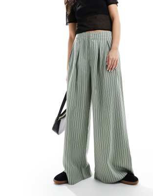 Asos Design Wide Leg Pants With Pleat Detail In Sage Stripe-multi