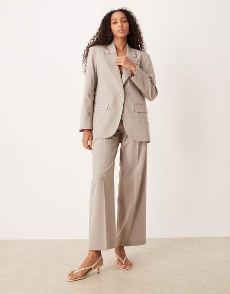 ASOS DESIGN wide leg pants with pleat detail in taupe stripe - part of a set - view 1