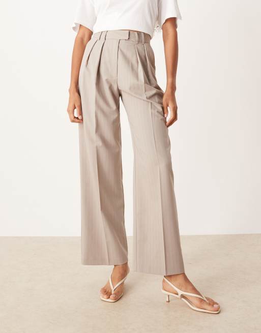 ASOS DESIGN wide leg pants with pleat detail in taupe stripe - part of a set