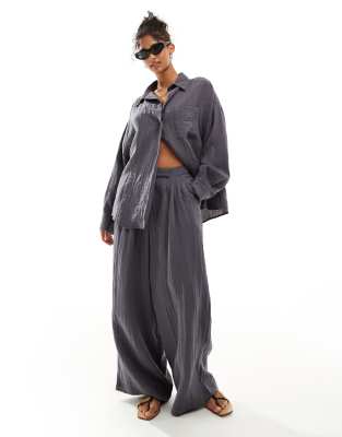 Asos Design Wide Leg Pants With Pleat Detail In Textured Fabric In Charcoal - Part Of A Set-no Color In Gray