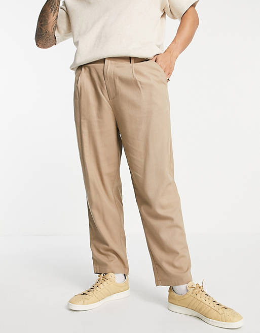 Asos Men Clothing Pants Chinos Wide leg pants with pleats in beige linen mix 