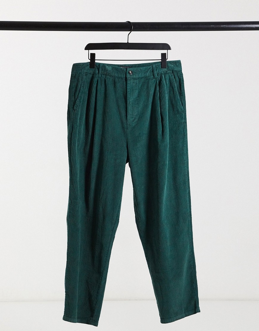 ASOS DESIGN wide leg pants with pleats in corduroy-Green