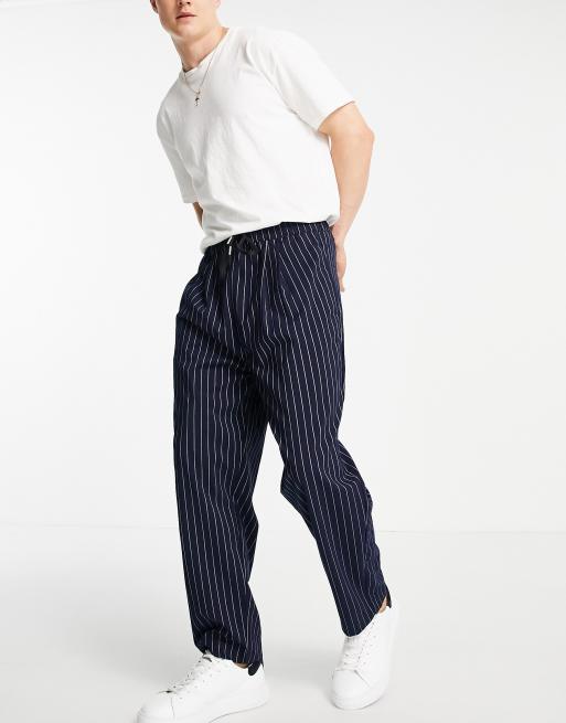 ASOS DESIGN wide leg pants with pleats in navy pin stripe