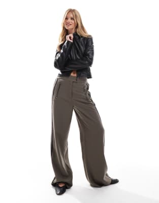 Asos Design Wide Leg Pants With Stud Detail In Khaki-green