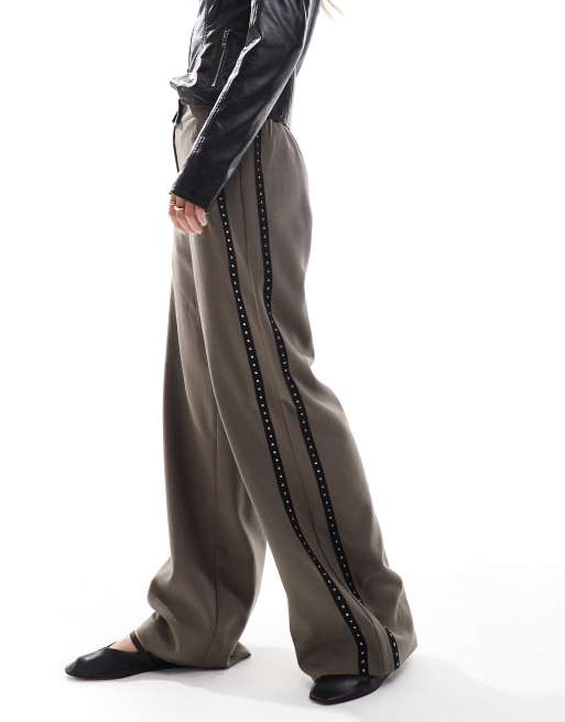 【COLOR iN ID】Studded pier wide pants ASOS DESIGN wide leg pants with stud detail in khaki | ASOS