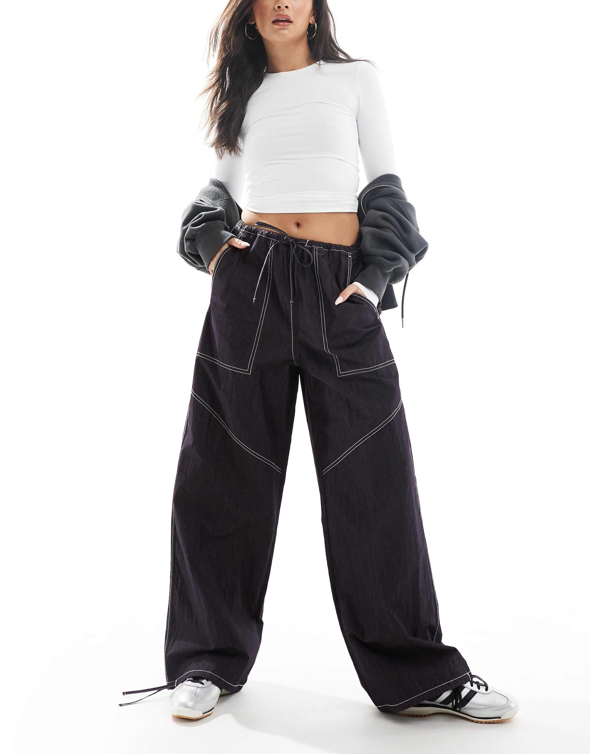 asos design wide leg pants with tie hem and pocket detail in navy crinkle