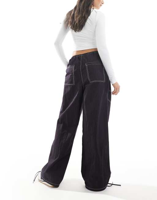 ASOS DESIGN wide leg pants with tie hem and pocket detail in navy crinkle, 4 of 5