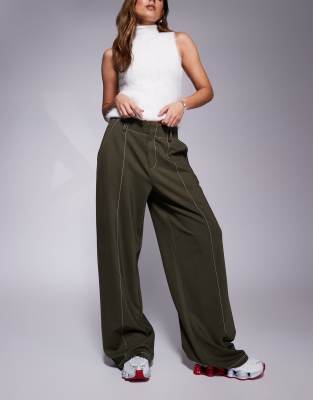 Asos Design Wide Leg Pants With Topstitch Detail In Green