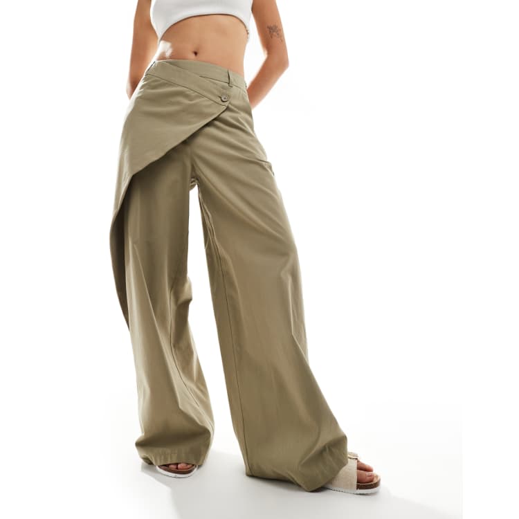 ASOS DESIGN wide leg pants with wrap-over detail in khaki | ASOS