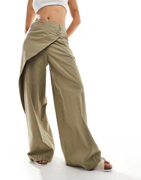 ASOS DESIGN wide leg trousers with wrap over detail in khaki 