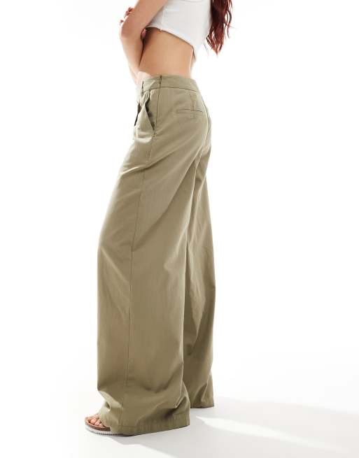 ASOS DESIGN wide leg pants with wrap-over detail in khaki | ASOS
