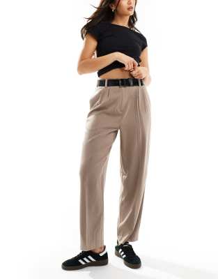 Asos Design Wide Leg Paper Bag Tailored Pants With Belt Trim In Taupe-neutral