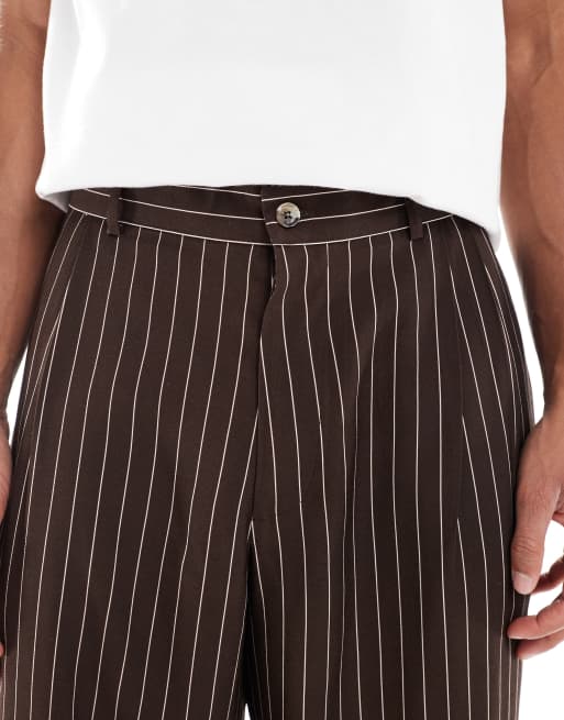 ASOS DESIGN wide leg pinstripe trouserrs with pleat in brown  , 4 of 5