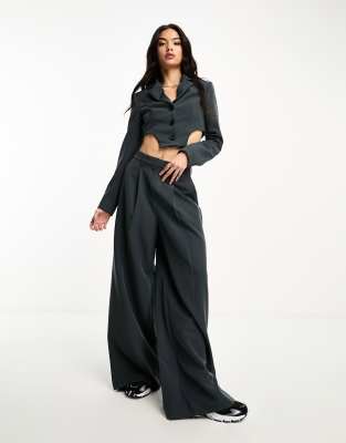 Asos Design Wide Leg Pleat Front Pants In Charcoal-gray