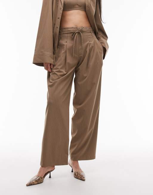 ASOS DESIGN wide leg pleated pants in camel pinstripe