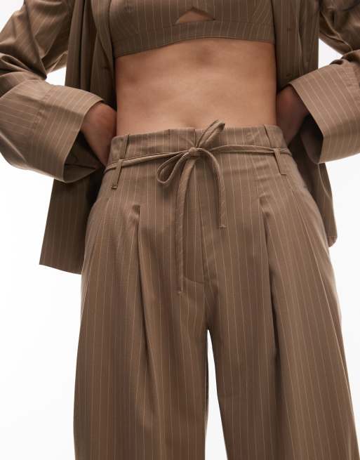 ASOS DESIGN wide leg pleated pants in camel pinstripe