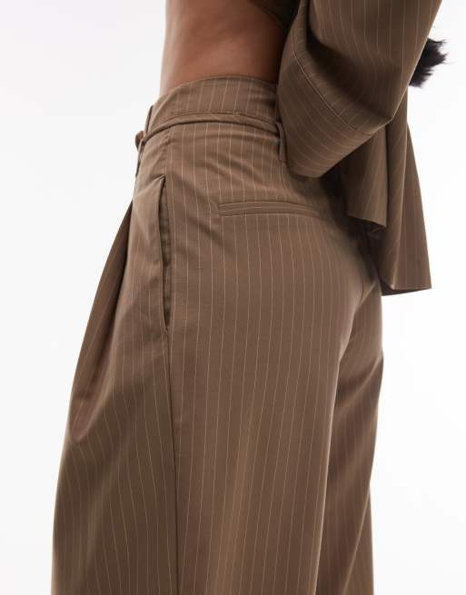 ASOS DESIGN wide leg pleated pants in camel pinstripe