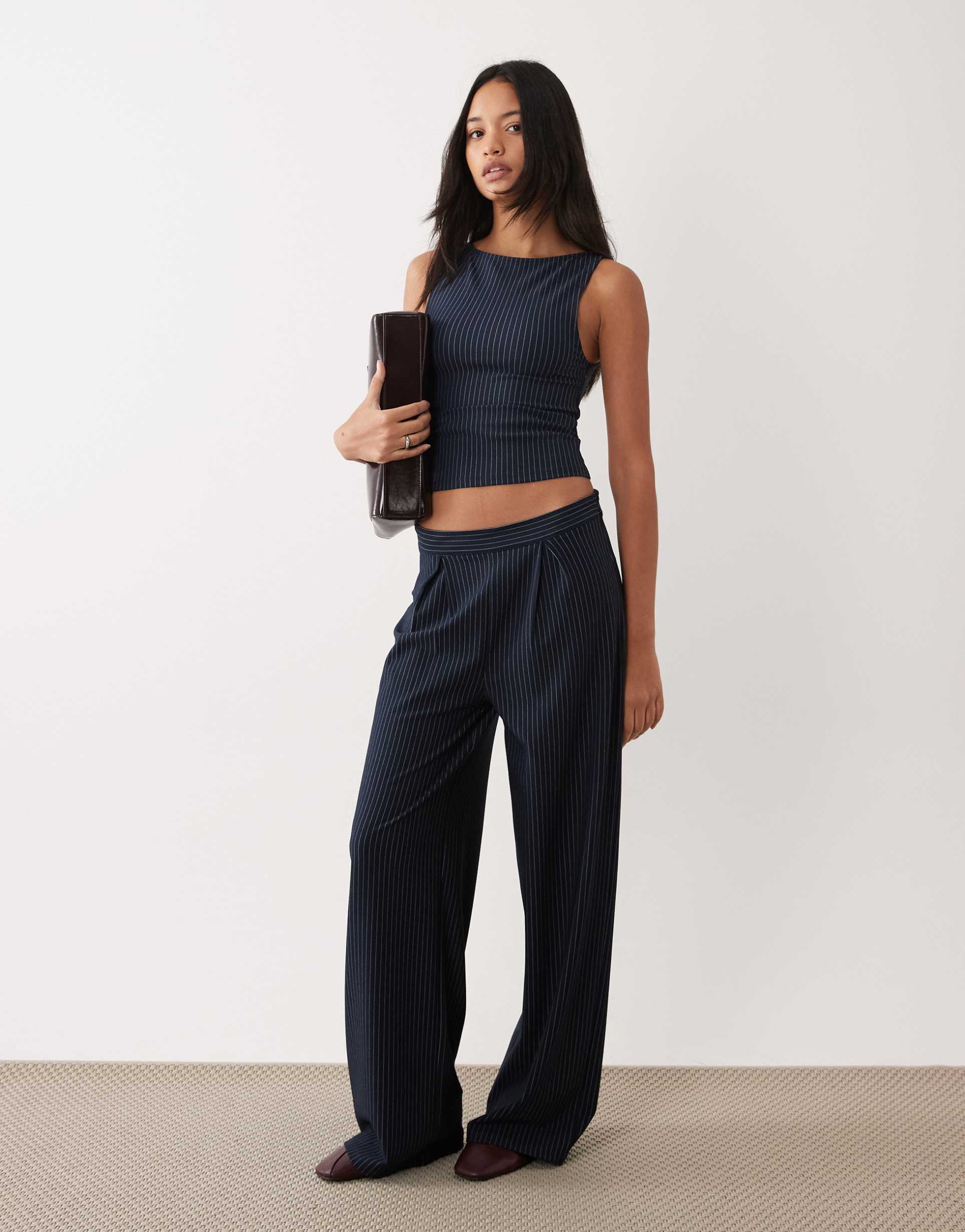 asos design wide leg pleated pants in navy stripe - part of a set