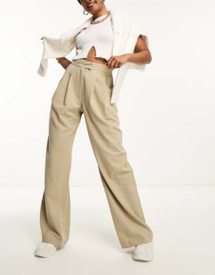 Asos Design Wide Leg Pleated Pants In Neutral