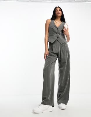 Asos Design Wide Leg Pleated Striped Pants In Gray In Gray