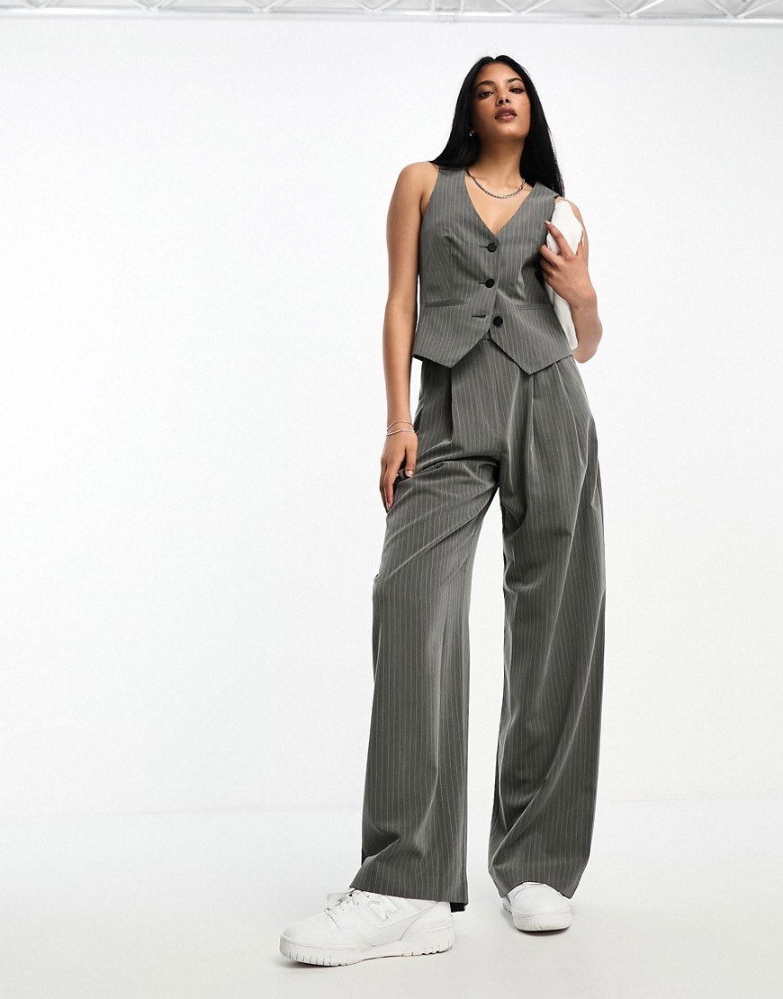 Asos Design Wide Leg Pleated Striped Pants In Gray