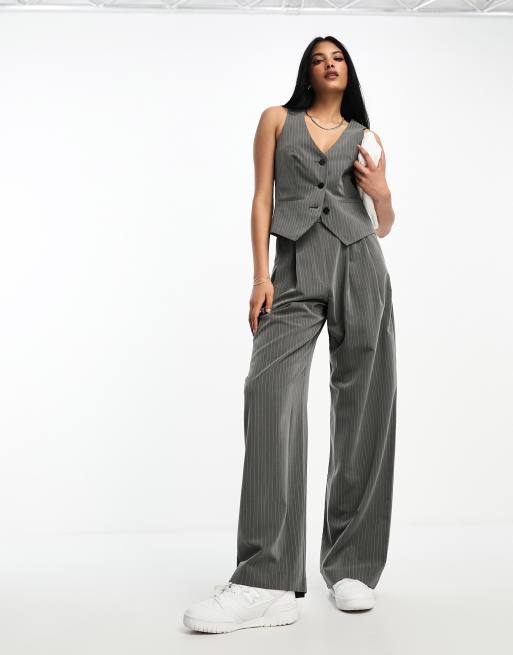 ASOS DESIGN wide leg trouser in stripe with waistband detail in