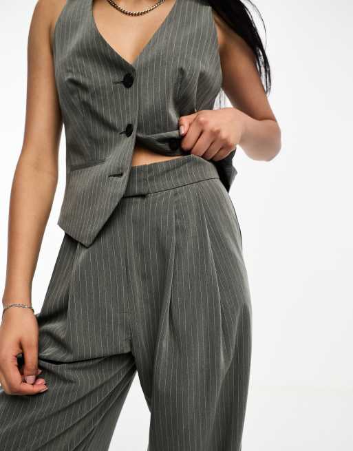 ASOS DESIGN wide leg trouser in stripe with waistband detail in grey