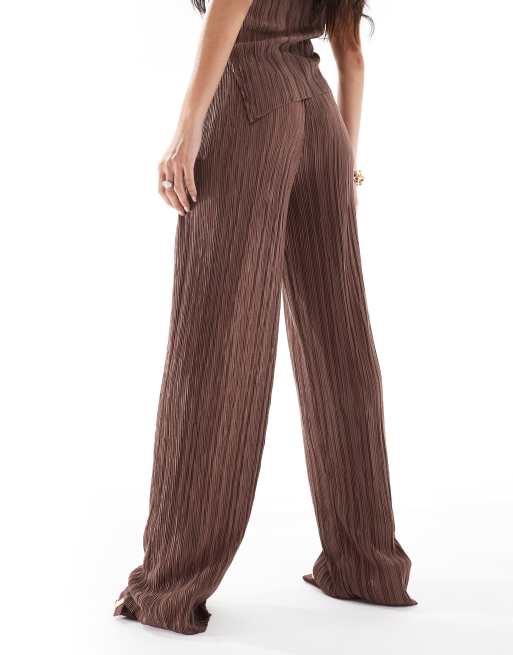 ASOS DESIGN wide leg plisse trousers co ord in light brown, 2 of 4