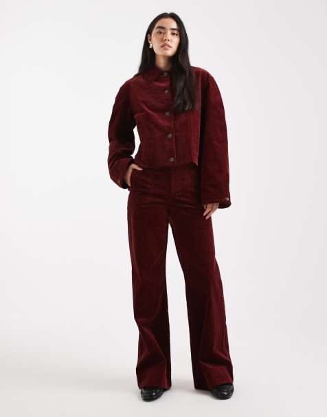 ASOS DESIGN wide leg pocket detail cord trouser in burgundy - view 1