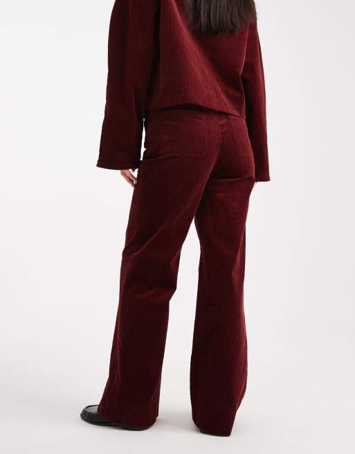 ASOS DESIGN wide leg pocket detail corduroy pants in burgundy