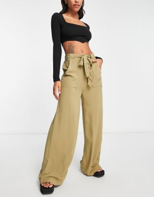 Khaki Wide Leg Cotton Pants For Women High Waist With Pockets And Tie Waist For Autumn main image 1