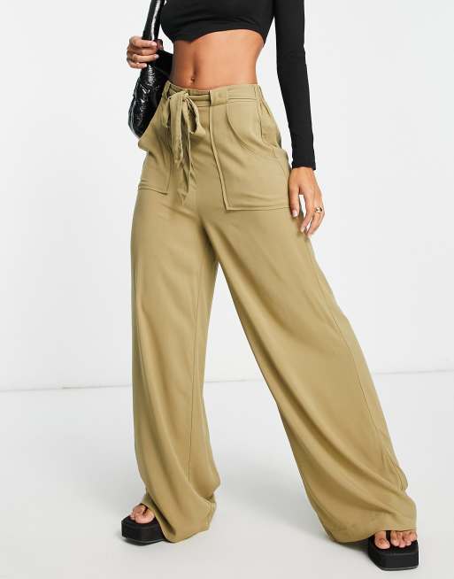 ASOS DESIGN wide leg pocket detail pants in khaki