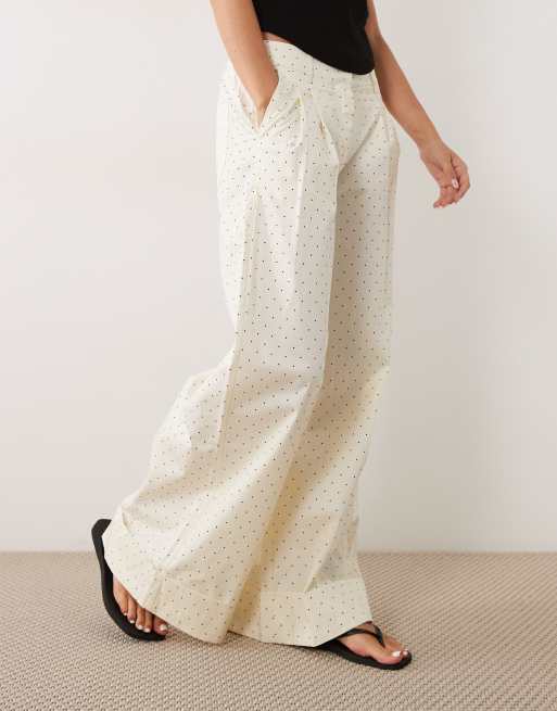 ASOS DESIGN wide leg polka dot pants with cuffed hem in butter yellow, 4 of 5
