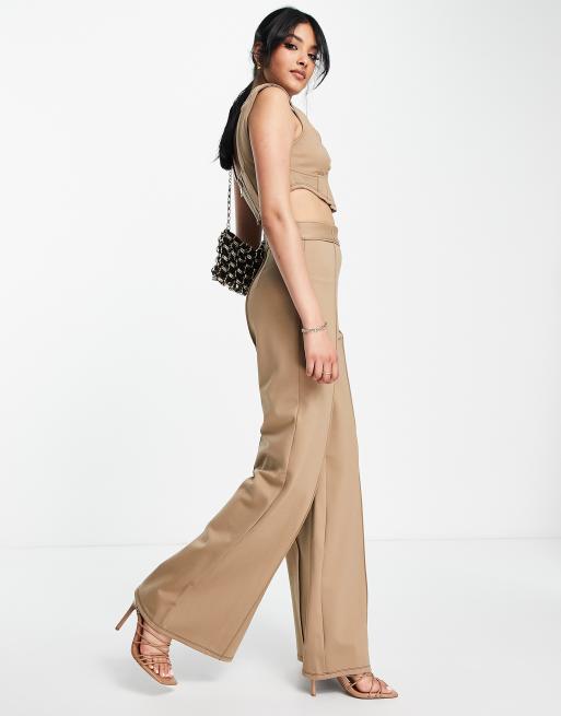 ASOS DESIGN wide leg ponte pant in camel - part of a set