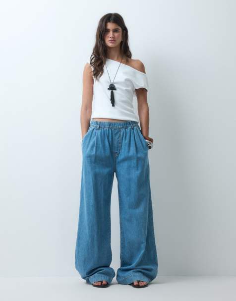 ASOS DESIGN wide leg pull on jean in midwash blue - view 1