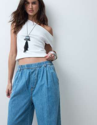 Asos Design Wide Leg Pull On Jean In Blue