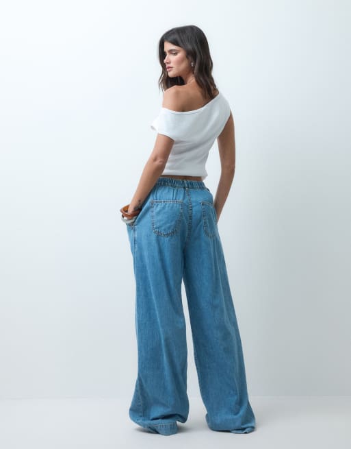 ASOS DESIGN wide leg pull on jeans in midwash blue, 3 of 5
