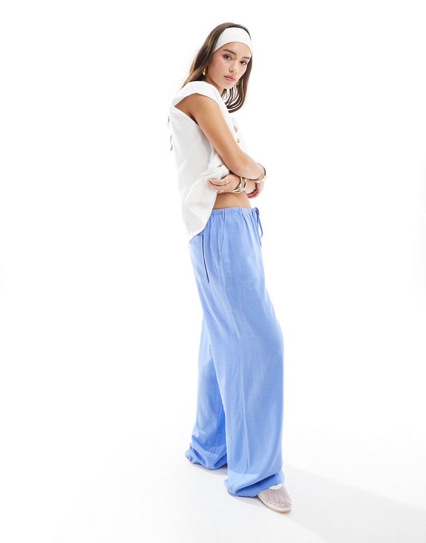 Asos Design Wide Leg Pull On Linen Mix Pants In Blue