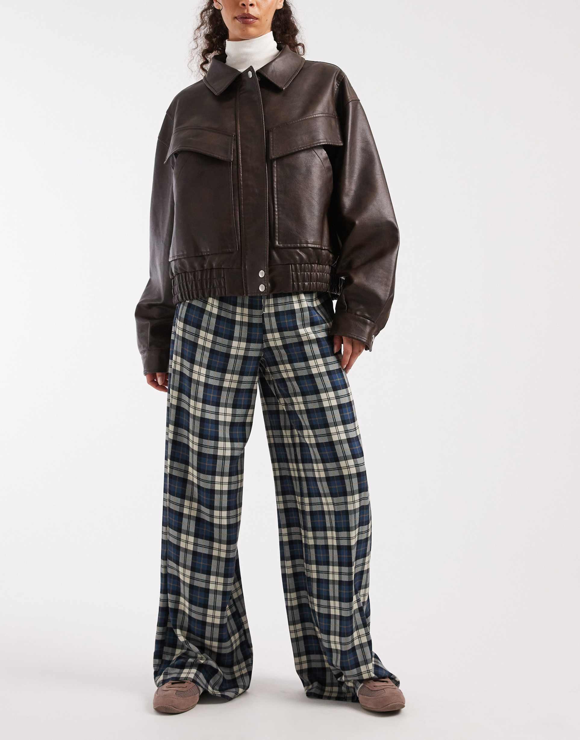 asos design wide leg pull-on pants in brushed check