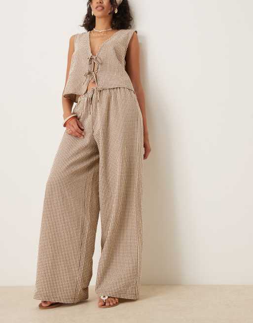 ASOS DESIGN wide leg pull on pants in buttermilk gingham