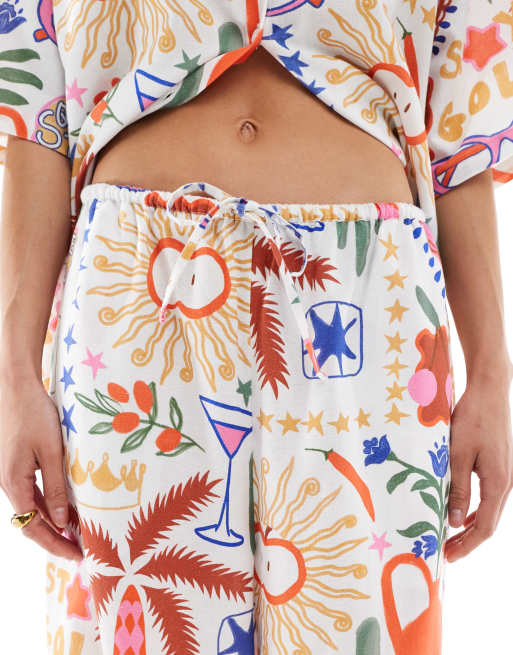 ASOS DESIGN wide leg pull on pants in cactus print - part of a set