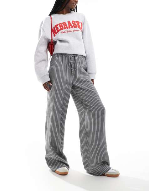 ASOS DESIGN wide leg pull on pants in gray stripe - view 1