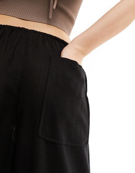 ASOS DESIGN wide leg drawstring waist linen pants in black