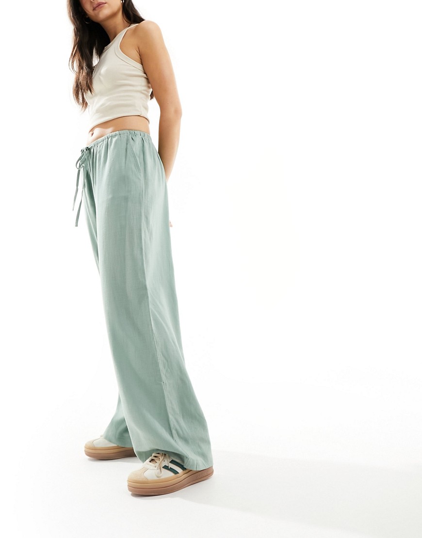 Asos Design Tall Wide Leg Pull On Pants With Linen In Green